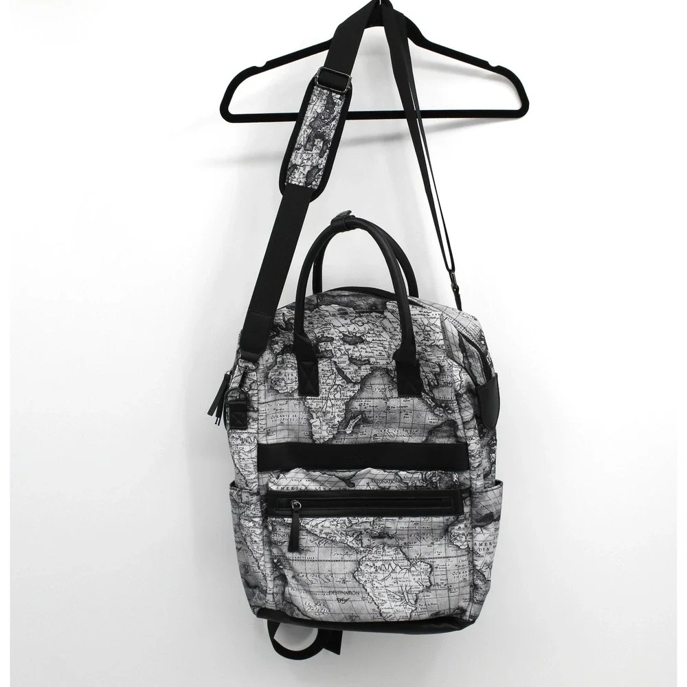 World Map Print Backpack Travel Messenger Bag Black White Cartography Chic Sleek